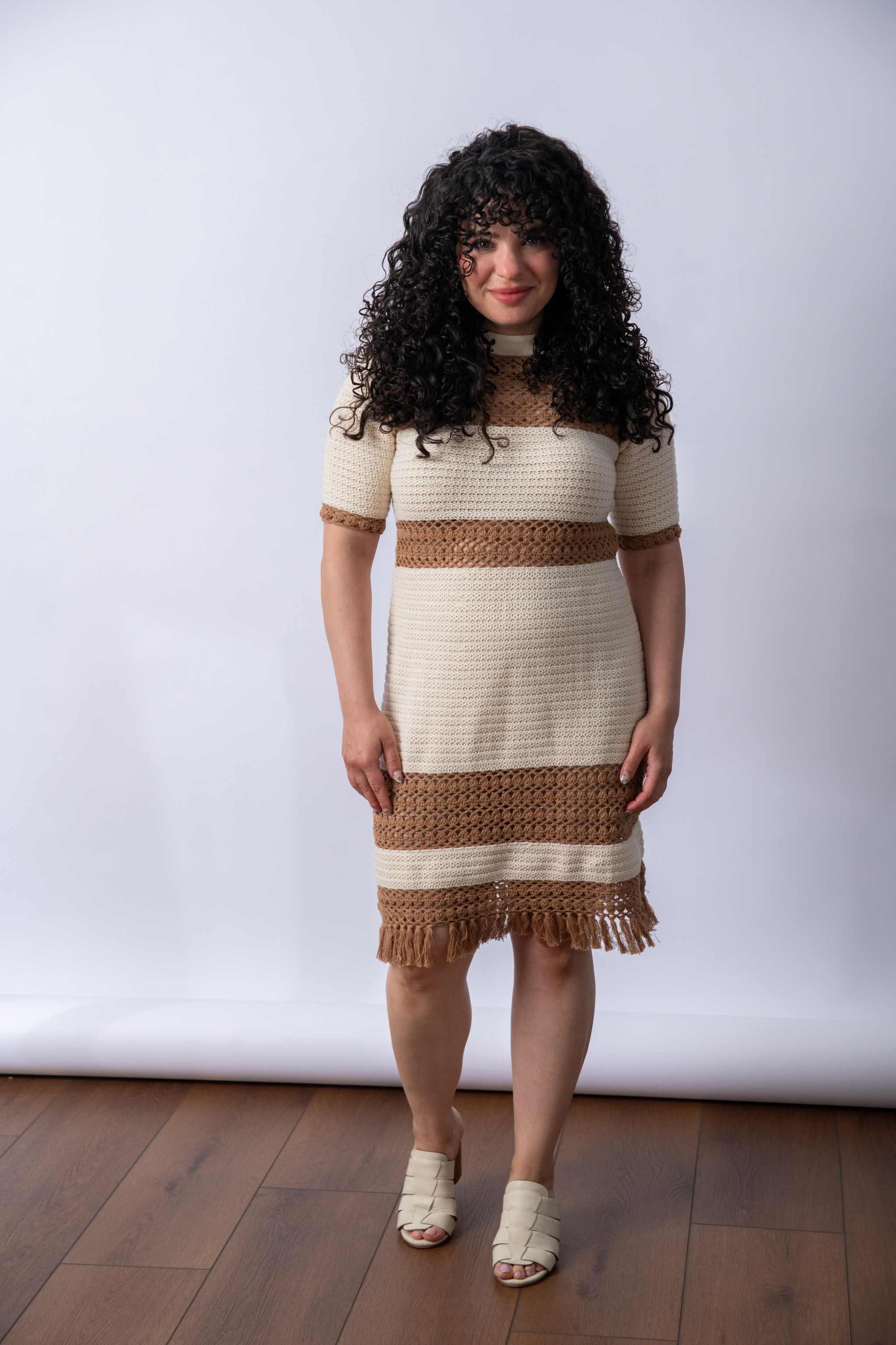 Front view of the coffee and white ella dress