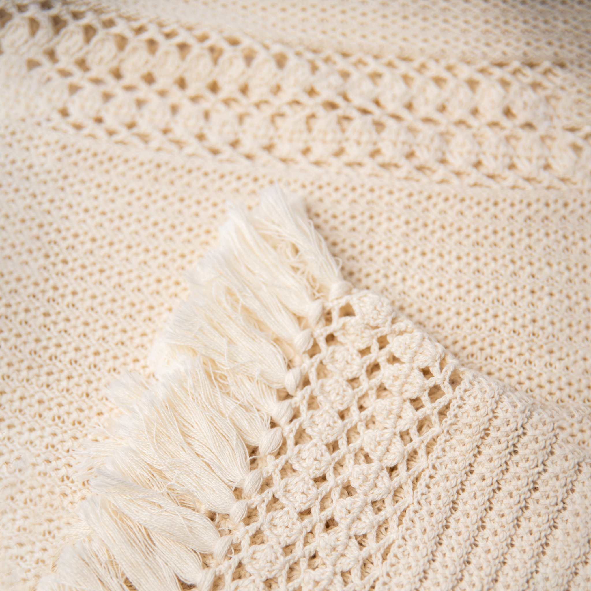 Close-up of the crochet details on the White Ella Dress.