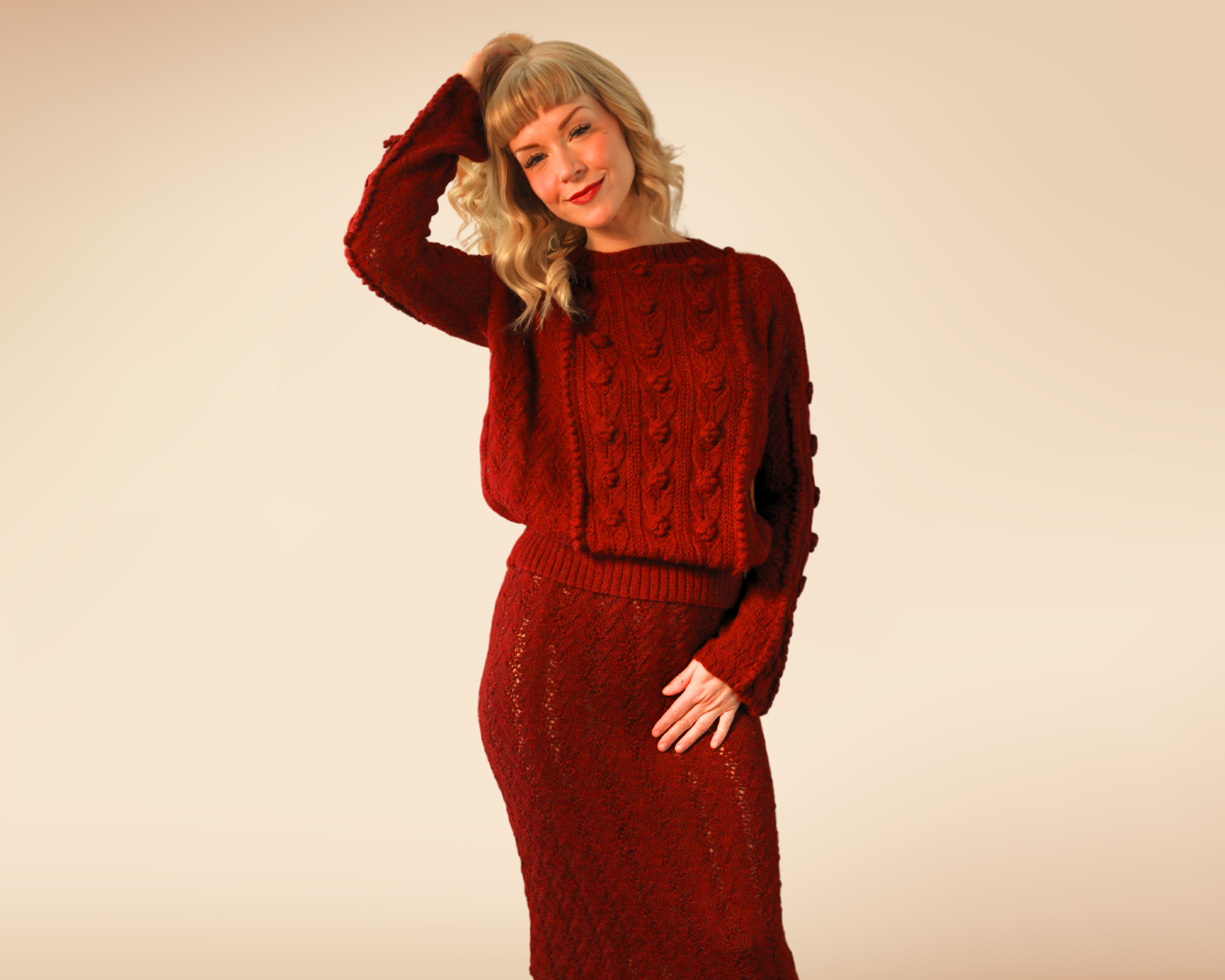 rose sweater in cherry full body view  where alyssa is standing